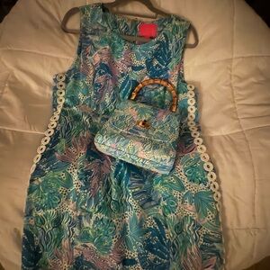 Lilly Pulitzer Blue and Green Floral Dress with Bag